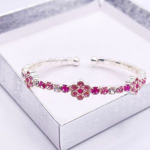 Pink Simulated Crystal Silver Tone Flower Bracelet